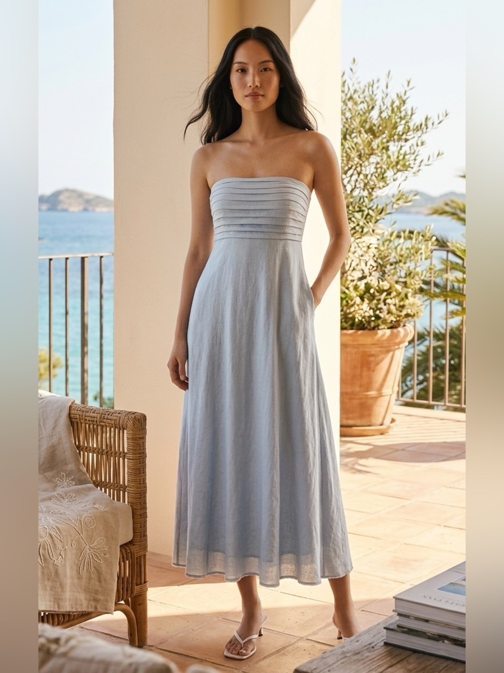 Caroline Constas Strapless Linen Light Blue Maxi Dress - Classic Summer Style